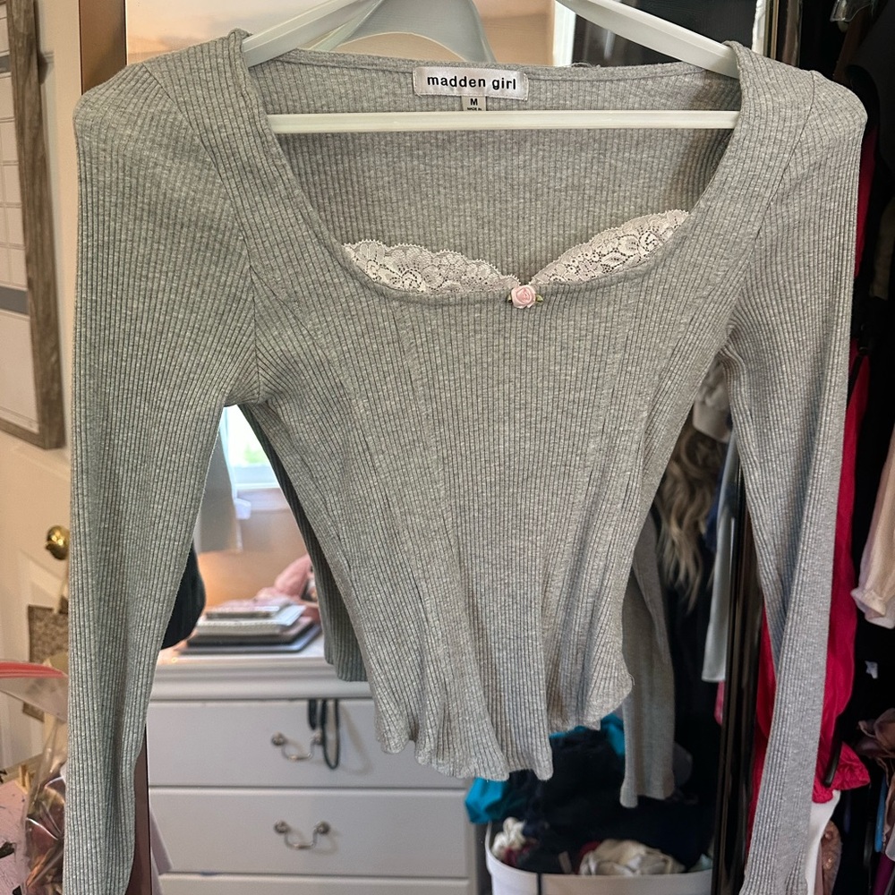 Madden Girl Gray Ribbed Top with Lace Detail